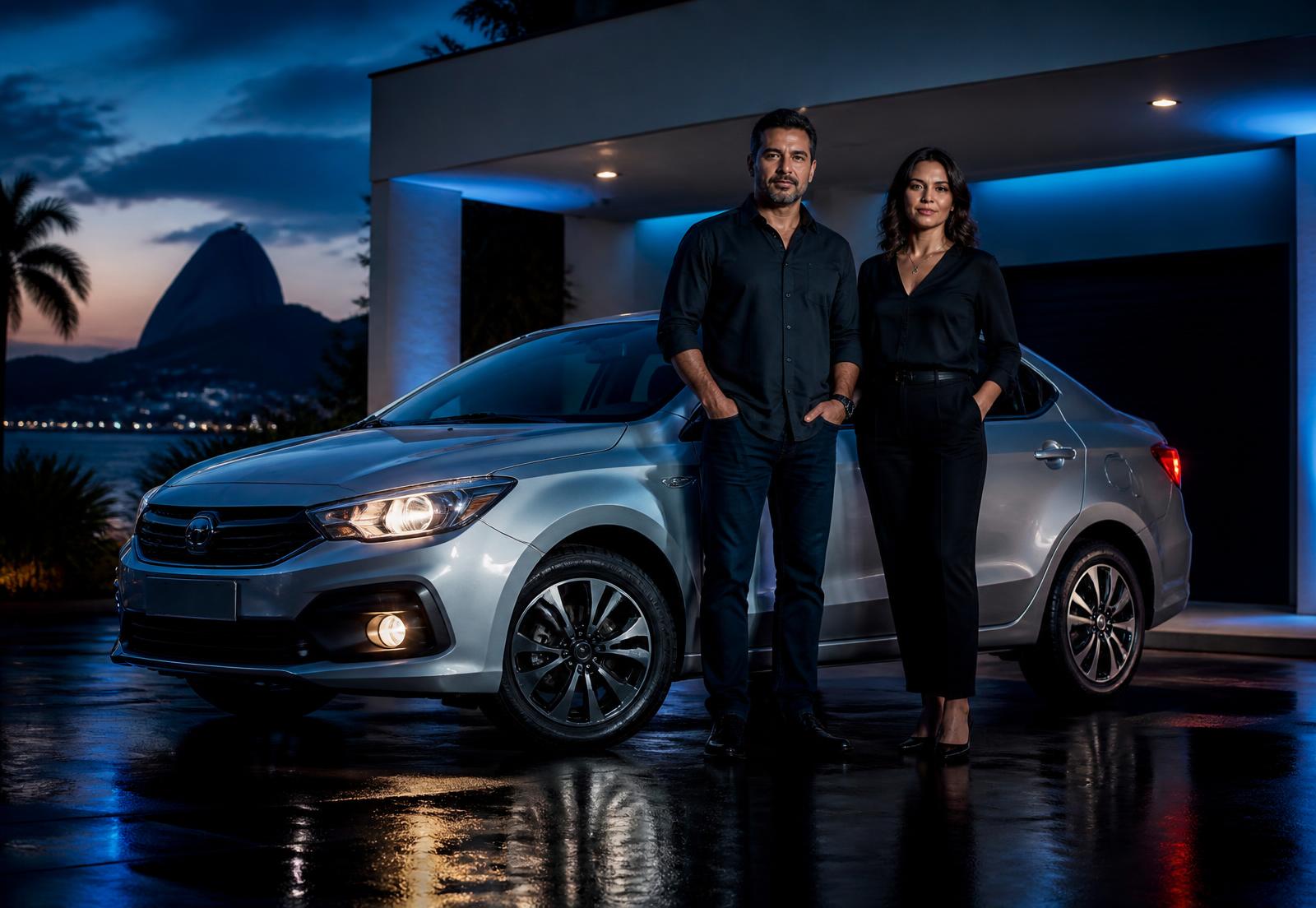Casal ao lado do próprio carro em uma garagem no Rio de Janeiro, pronto para vender o veículo